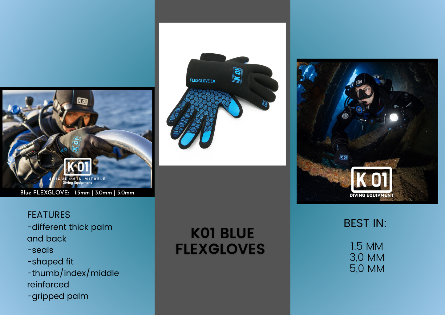 K01 Blue Flexglove Dive Gloves