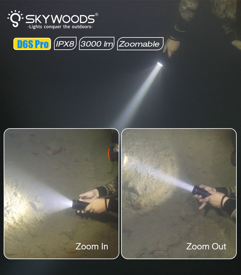 Skywoods D6S Pro USB Charge Dive Torch - 3000 Lumens