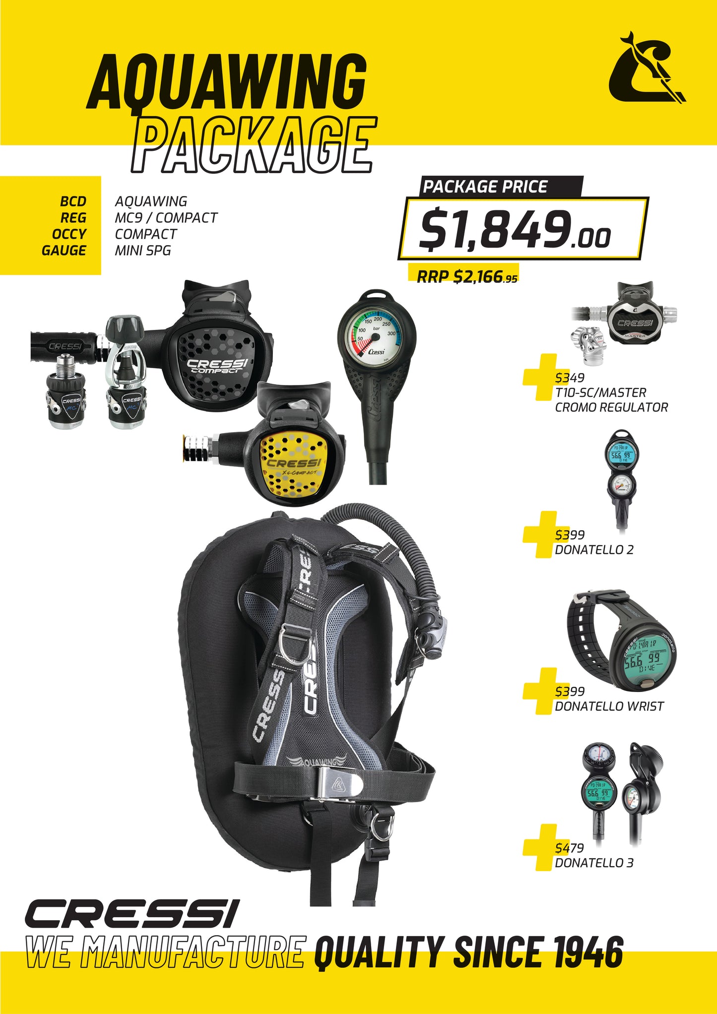 Cressi Aquawing BCD + MC9 紧凑型调节器 + Octopus + Mini Spg 套装 - Aquawing 套装