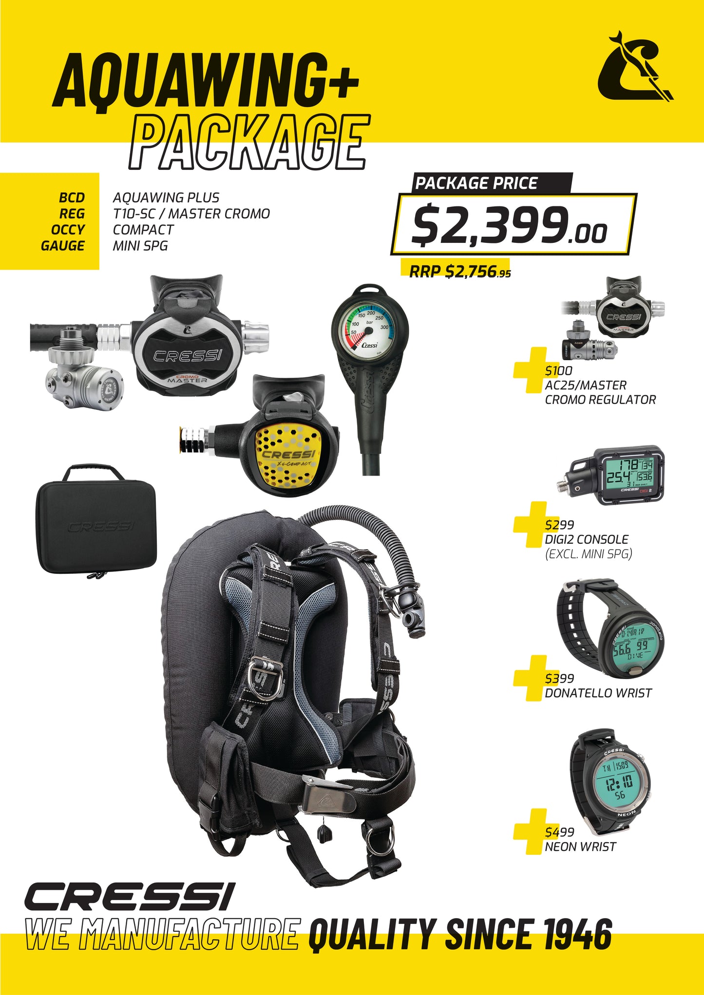 Cressi Aquawing Plus BCD + T10-SC Cromo/ Galaxy 调节器 + 紧凑型章鱼 + 迷你 Spg 套装 - Aquawing+ 套餐