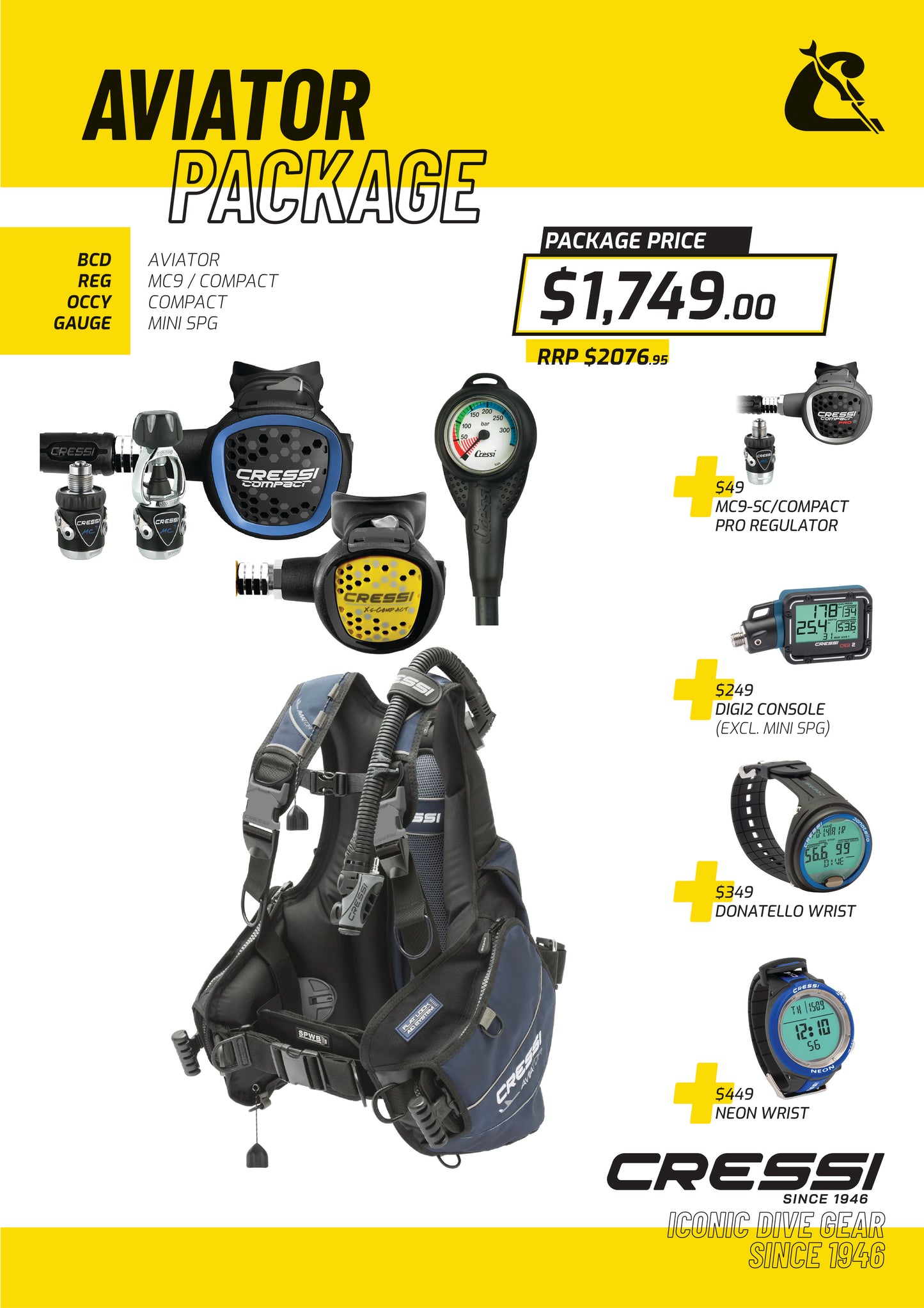 Cressi Aviator BCD + MC9 紧凑型调节器 + Octopus + Mini Spg 套装 - 飞行员套装