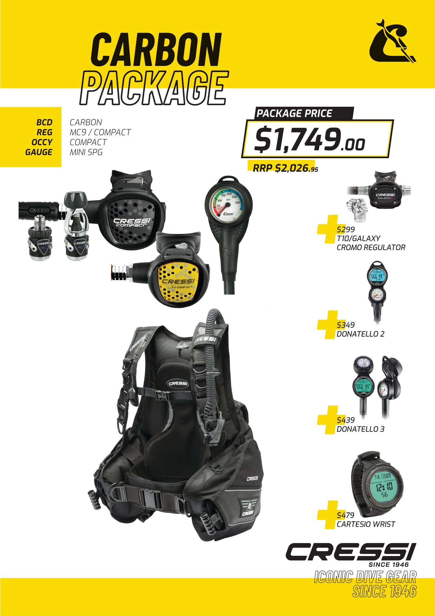 Cressi 碳 BCD + MC9 紧凑型调节器 + Octopus + Mini Spg 套装 - 碳套装