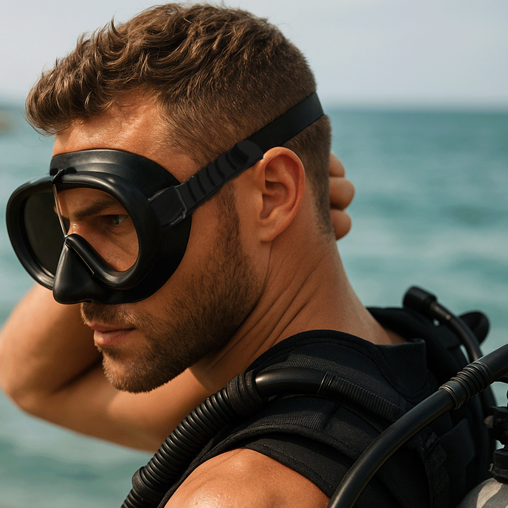 Male scuba diver wearing Cressi Pinocchio vintage dive mask in open water