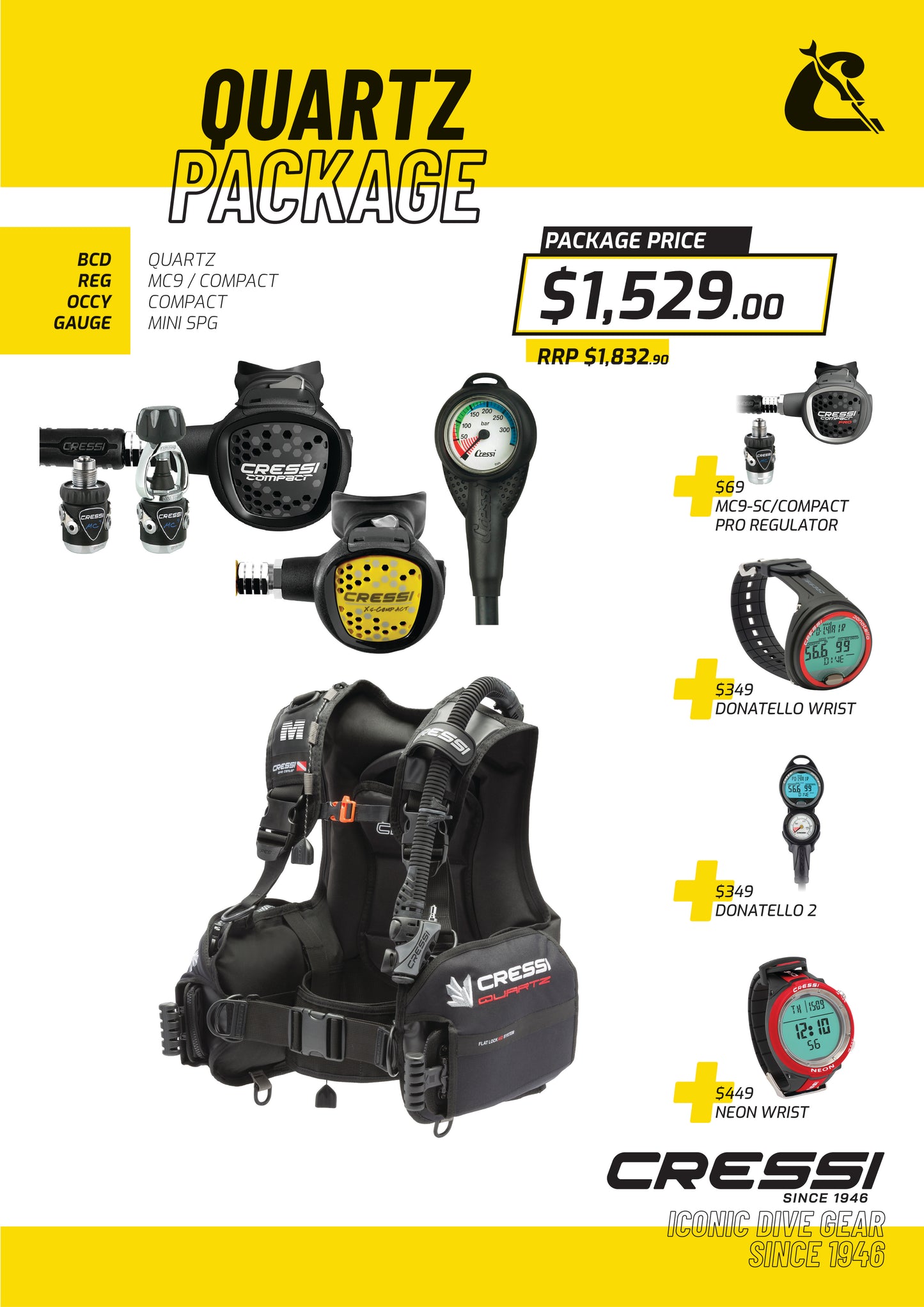 Cressi 石英 BCD + MC9 紧凑型调节器 + Octopus + Mini Spg 套装 - 石英套装