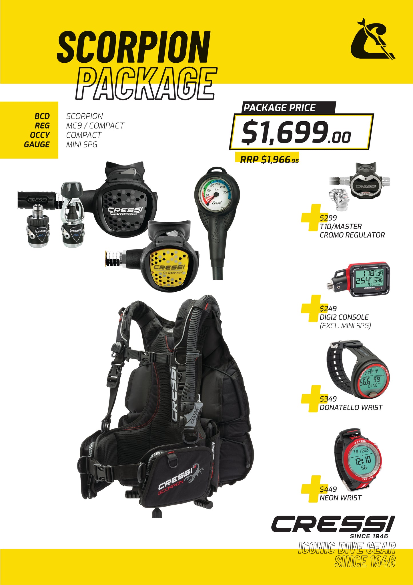 Cressi Scorpion BCD + MC9 Compact Regulator + Octopus + Mini Spg Set - Scorpion Package