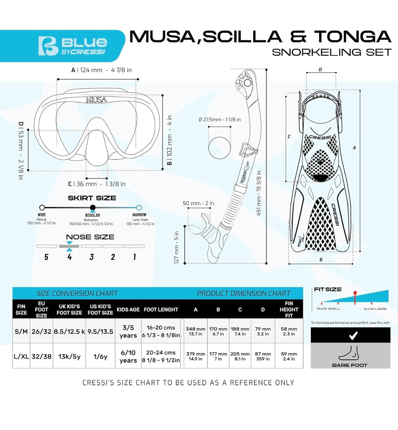 Cressi Musa Explorer Mask + Scilla Snorkel + Tonga Fins Set