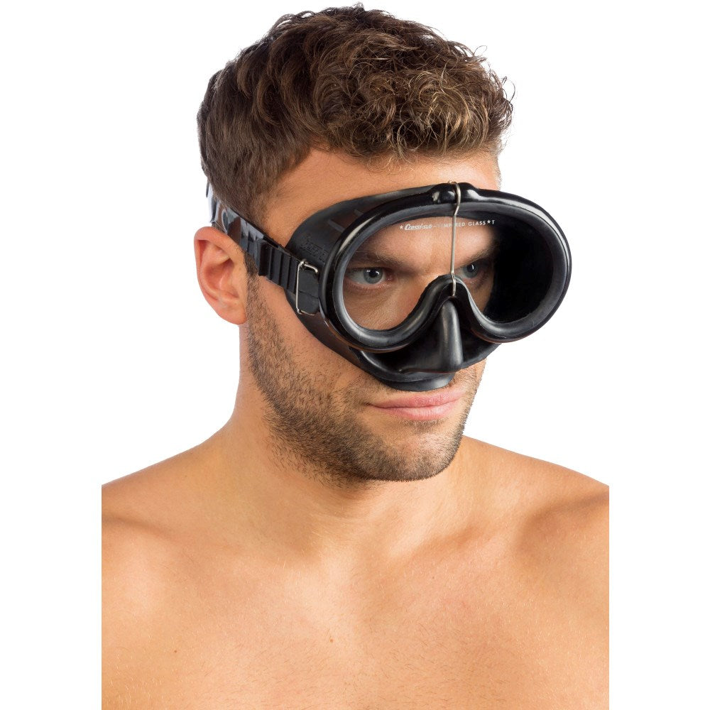 Classic Italian dive mask with nose pocket worn by freediver model