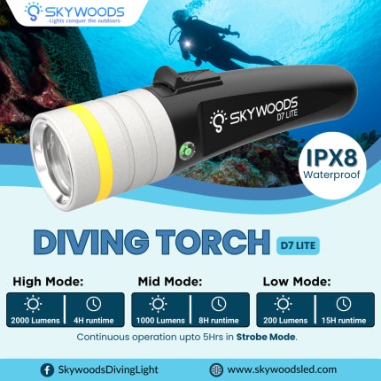 Skywoods D7 Lite USB Charge Dive Torch - 2000 Lumens