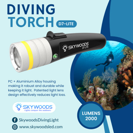 Skywoods D7 Lite USB Charge Dive Torch - 2000 Lumens