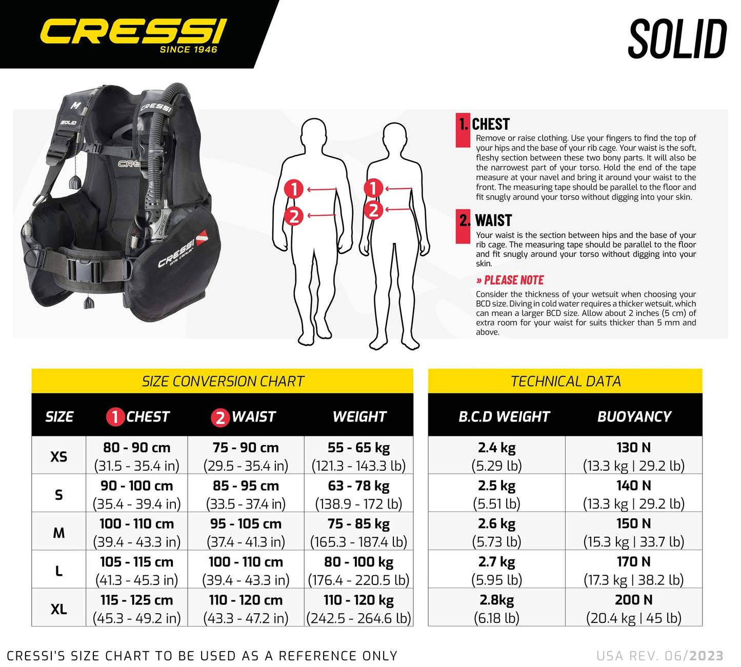 Cressi Solid scuba diving BCD specifications table