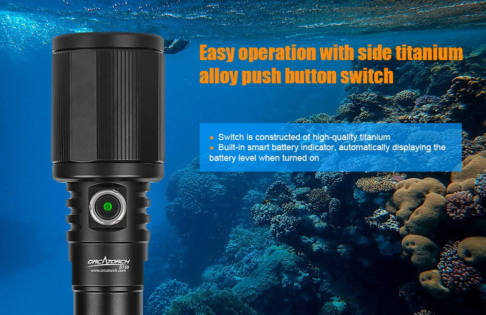 OrcaTorch D720 Dive Torch with 425000cd 1300 Beam Meters Throw 150 Meters Depth