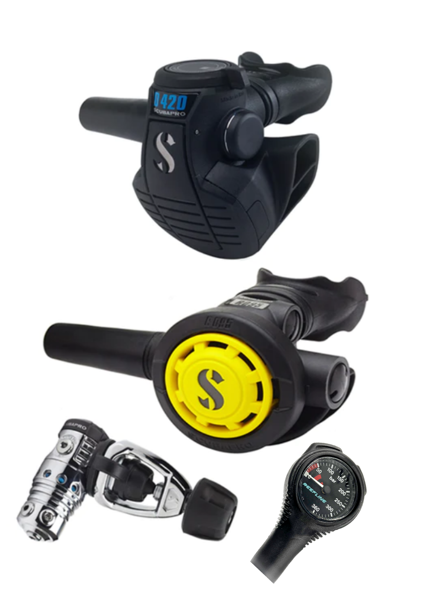 Scubapro 调节器套装:MK25 Evo(Din 或 Yoke)+ D420 + Octopus + 免费 Reefline Spg