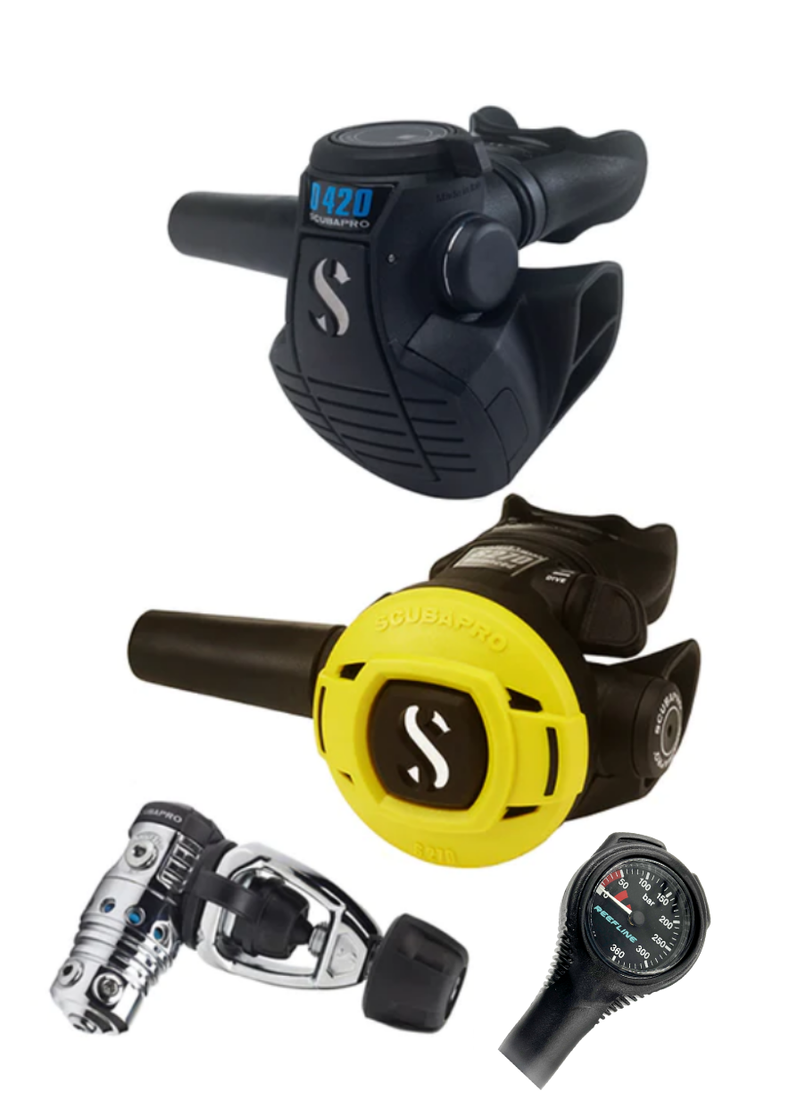 Scubapro 调节器套装:MK25 Evo(Din 或 Yoke)+ D420 + Octopus + 免费 Reefline Spg