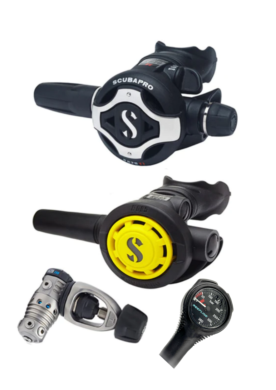 Scubapro 调节器套装:MK25 Evo 钛合金(Din 或 Yoke)+ S620 X-钛合金 + 章鱼 + 免费意大利制造的 Reefline SPG