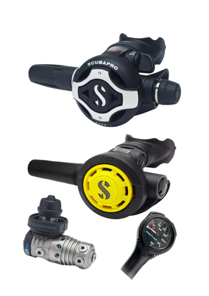 Scubapro 调节器套装:MK25 Evo 钛合金(Din 或 Yoke)+ S620 X-钛合金 + 章鱼 + 免费意大利制造的 Reefline SPG