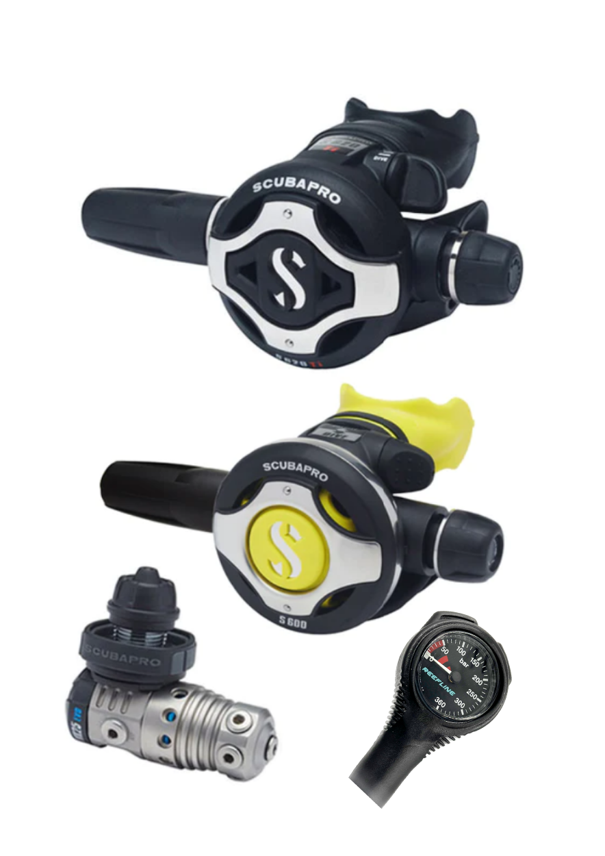 Scubapro 调节器套装:MK25 Evo 钛合金(Din 或 Yoke)+ S620 X-钛合金 + 章鱼 + 免费意大利制造的 Reefline SPG