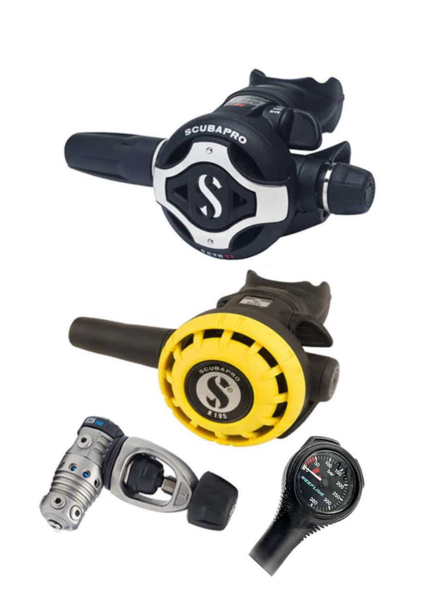 Scubapro 调节器套装:MK25 Evo 钛合金(Din 或 Yoke)+ S620 X-钛合金 + 章鱼 + 免费意大利制造的 Reefline SPG