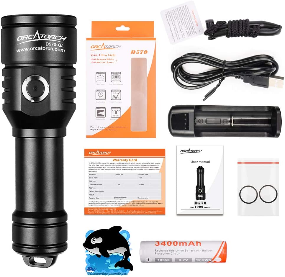Orcatorch D570-GL Underwater Dive Light/ Torch with Laser - 1000 Lumens