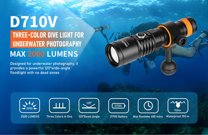 Orcatorch D710V Underwater Video Light / Dive Torch - 2000 Lumens