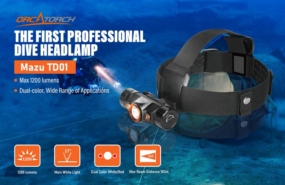 Orcatorch Mazu TD01 Underwater Dual Colour Dive Head Lamp - 1200 Lumens