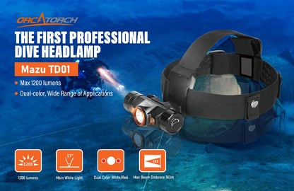 Orcatorch Mazu TD01 Underwater Dual Colour Dive Head Lamp - 1200 Lumens