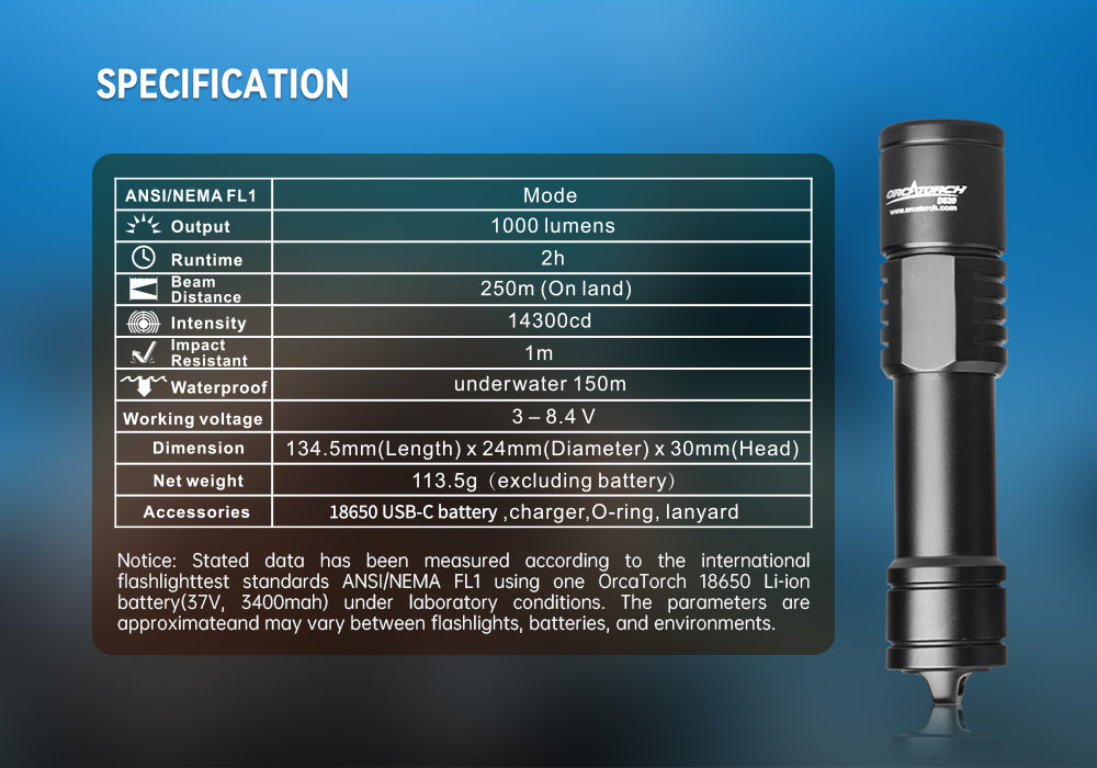 Orcaorch D520 Underwater Dive Light / Torch - 1000 Lumens