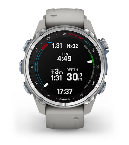 Garmin Descent™ Mk3 43 毫米不锈钢带雾灰色硅胶表带 + Descent T2 收发器（可选）