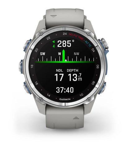 Garmin Descent™ Mk3 43 毫米不锈钢带雾灰色硅胶表带 + Descent T2 收发器（可选）