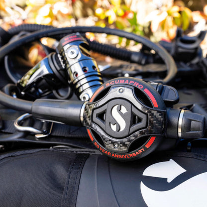 Lifestyle image showcasing the anniversary regulator mounted on dive gear
