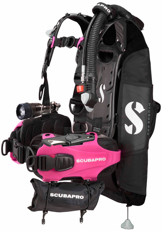 Full front profile of the women specific Hydros Pro BCD with pink accent kit
