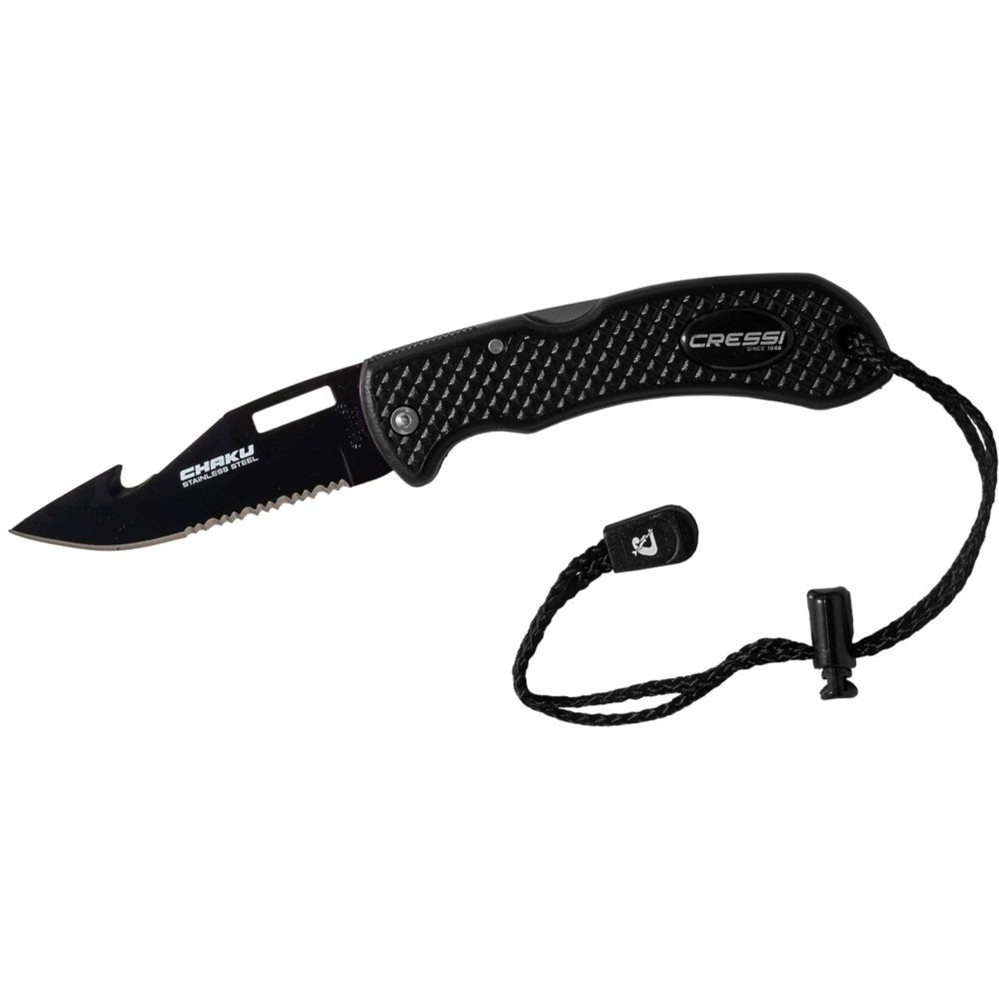 Black folding knife with a lanyard on a white background