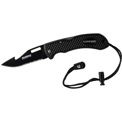 Black folding knife with a lanyard on a white background