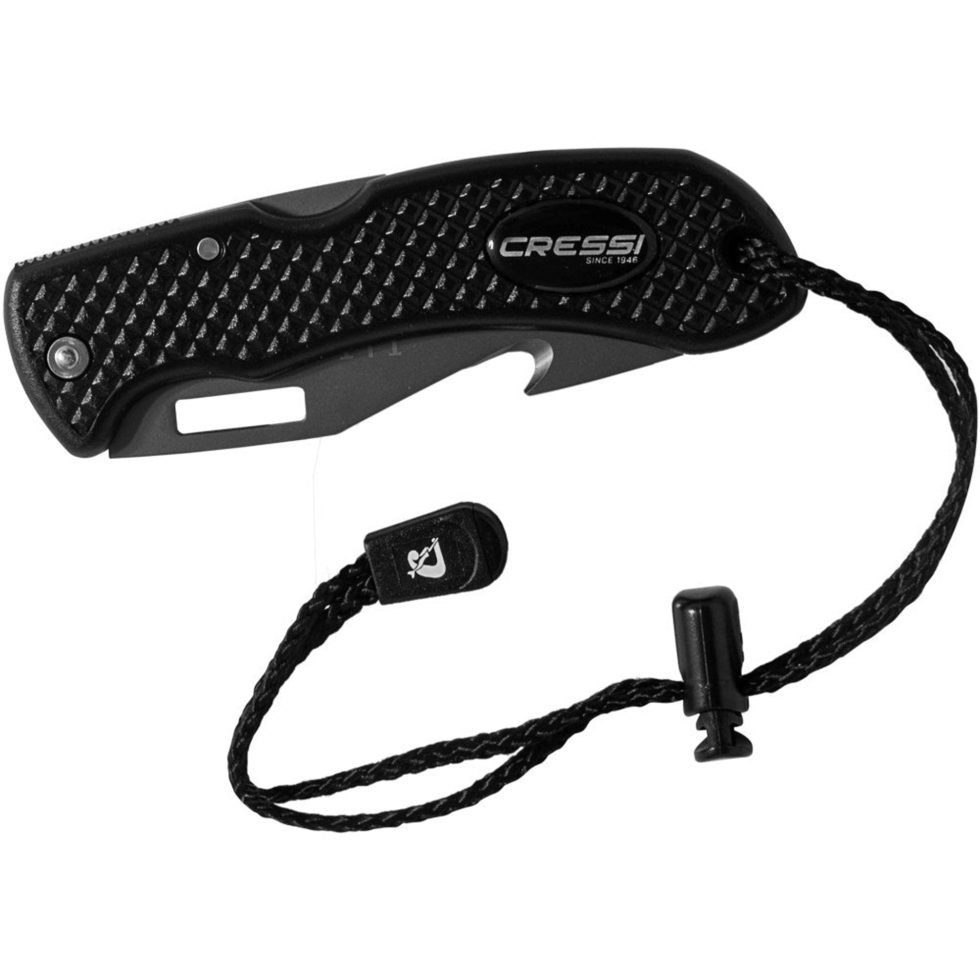 Black knife with textured handle and lanyard on a white background, featuring the Cressi brand.
