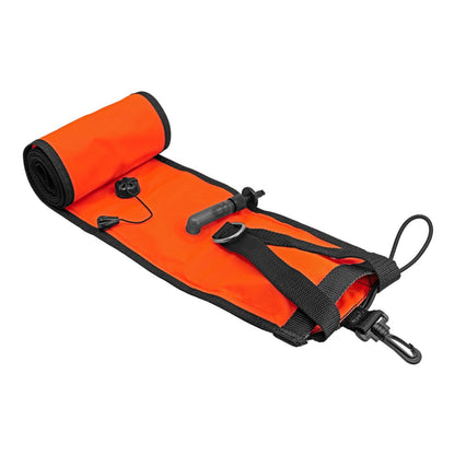Orange and black inflatable raft with handle and leash on a white background