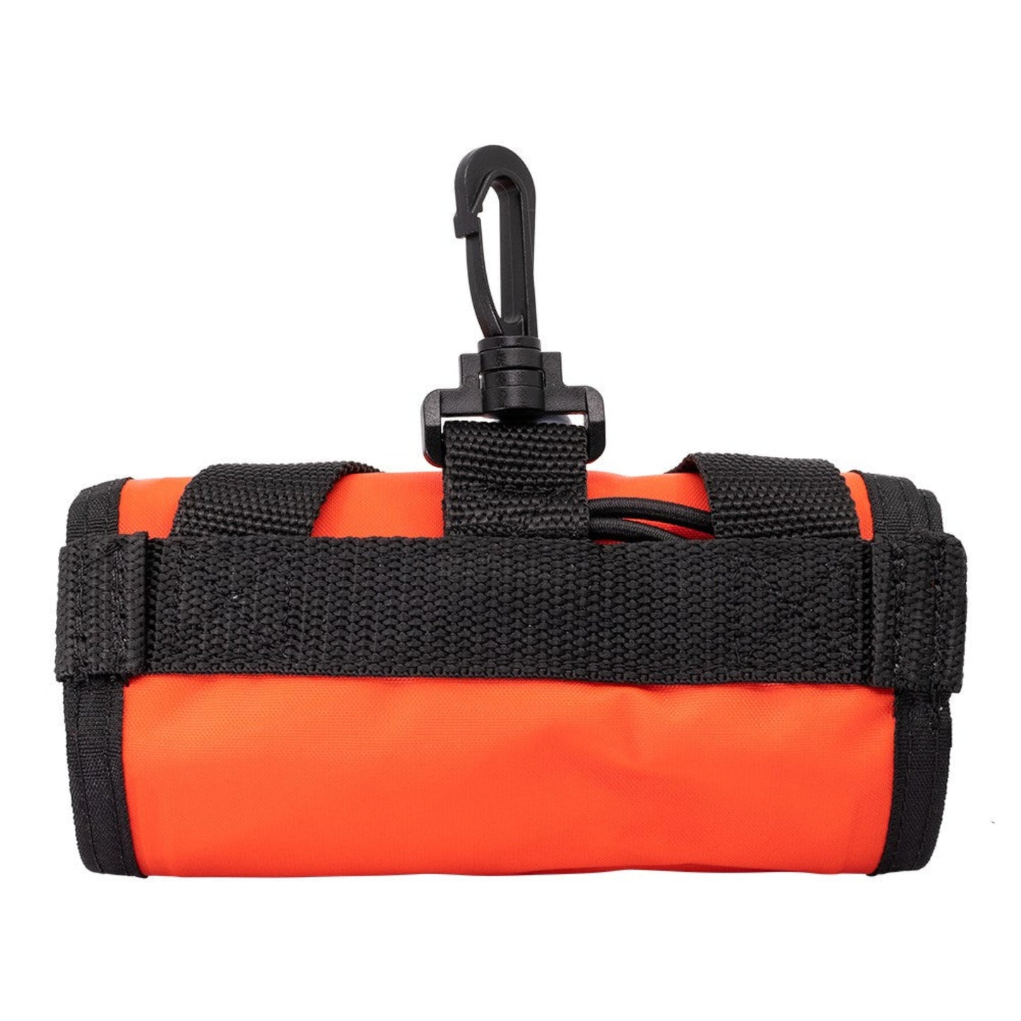 Orange and black roll-up bag with a carabiner on a white background