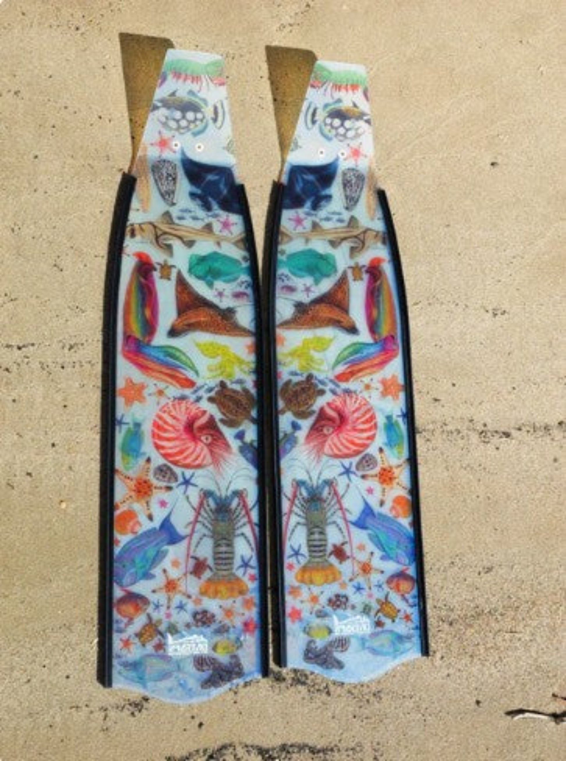 Colorful fish-shaped fins with a pattern on a beige surface