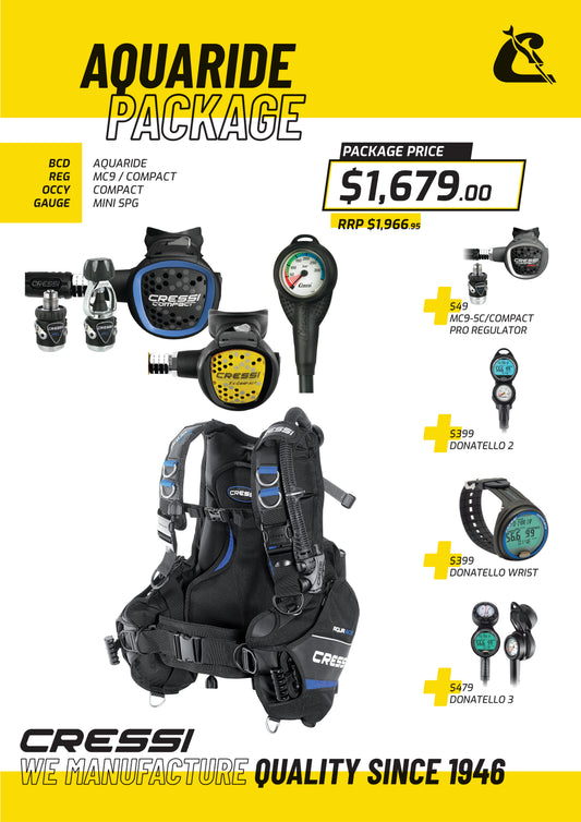Cressi Aquaride scuba diving equipment package with regulator and computer
