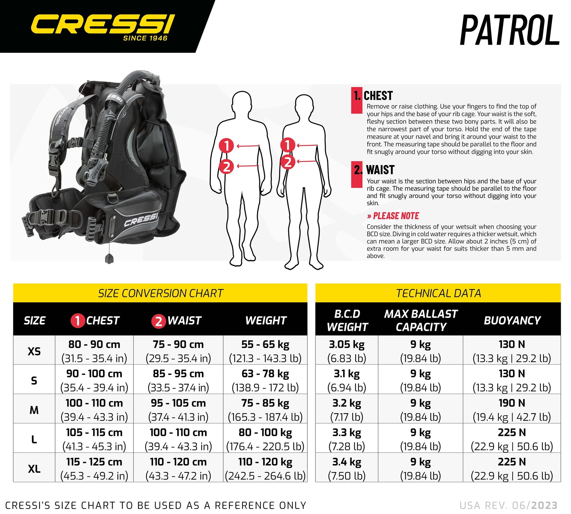 Cressi Patrol BCD size and buoyancy chart
