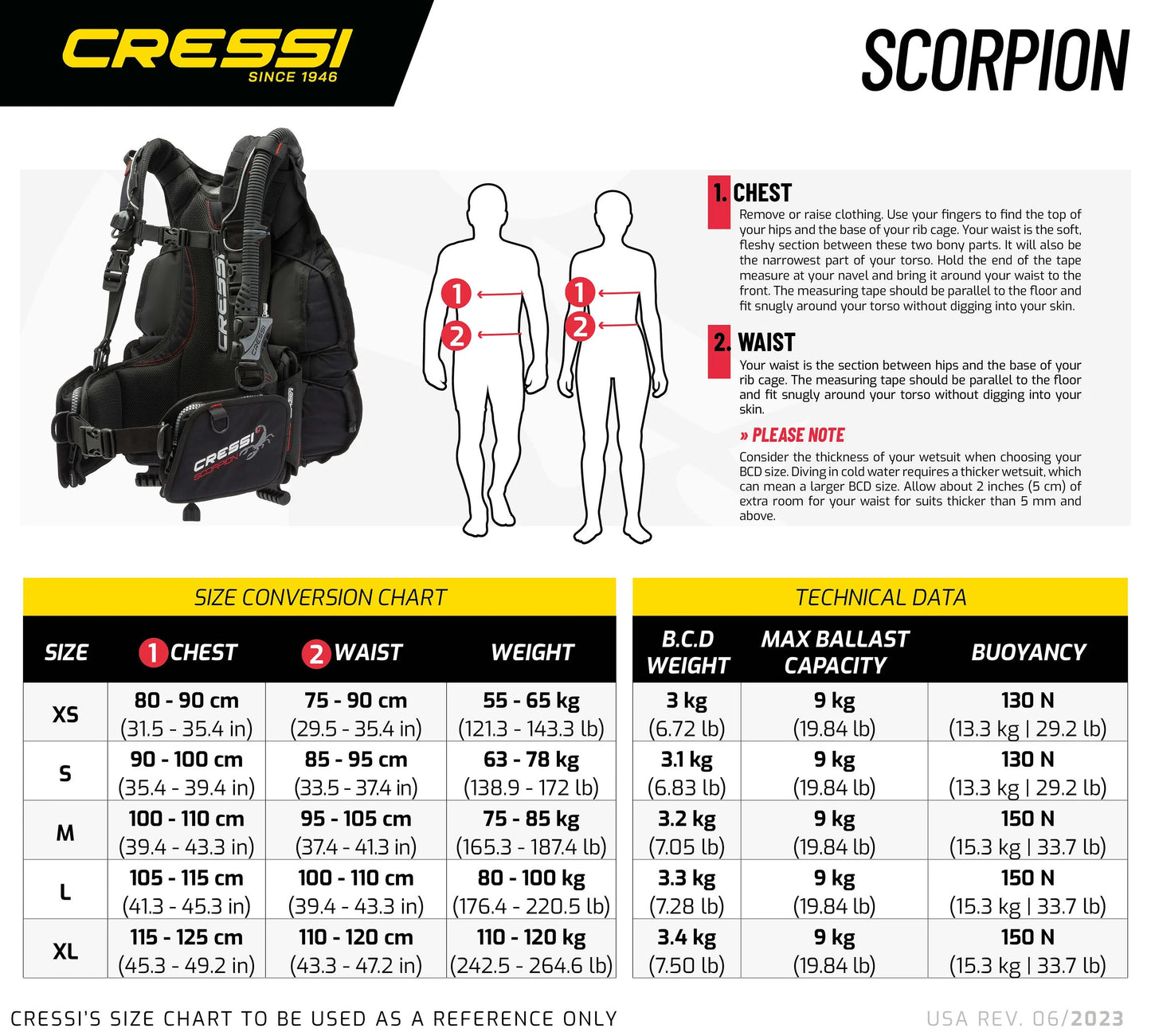 Cressi Scorpion BCD size and buoyancy chart
