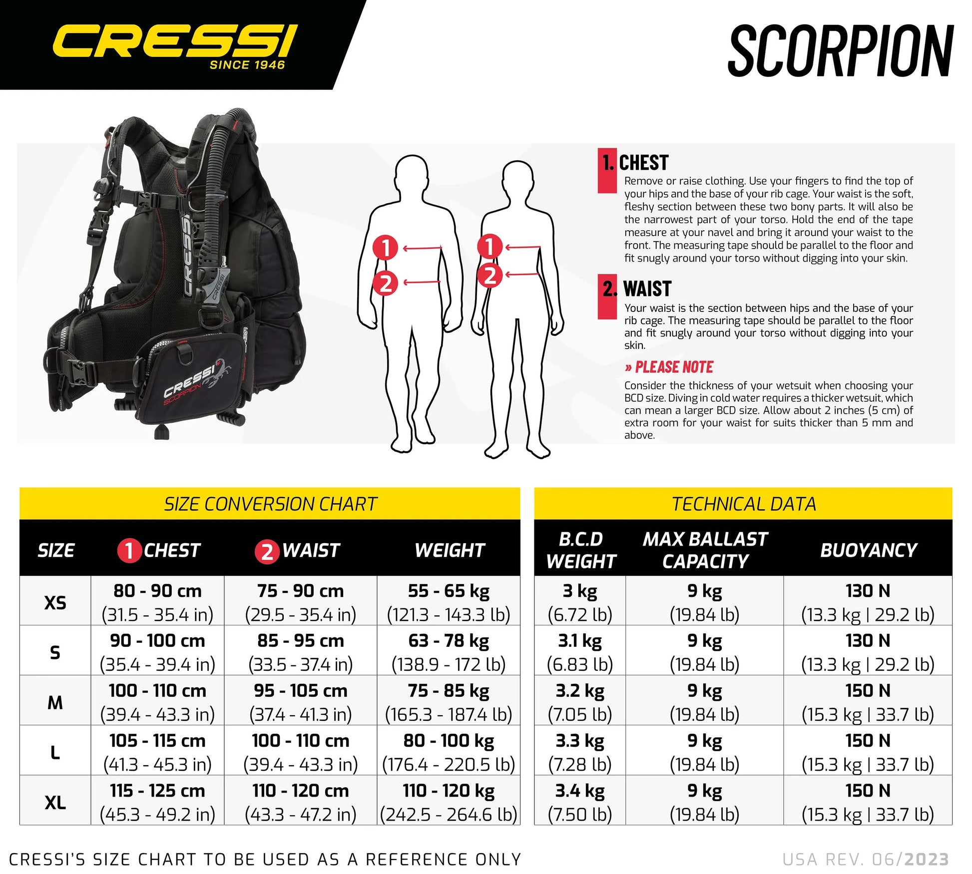 Cressi Scorpion BCD size and buoyancy chart
