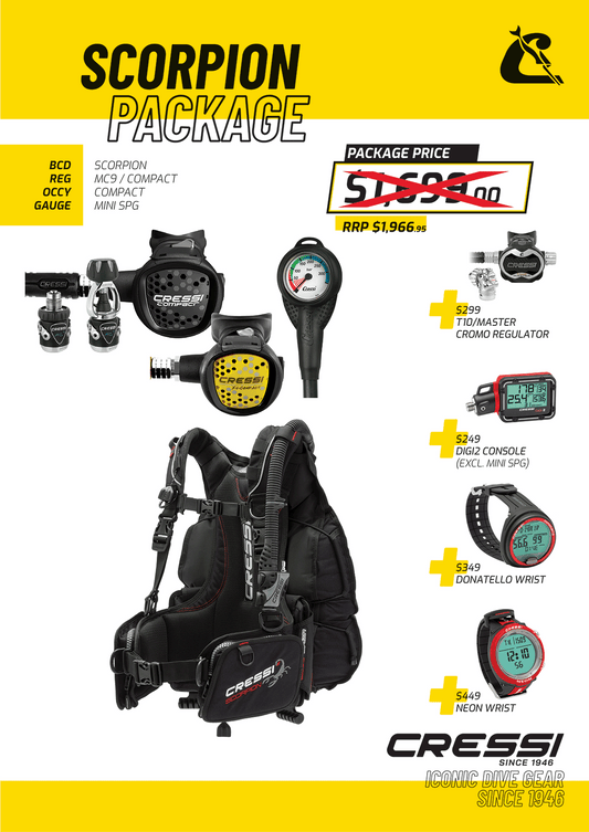 Cressi Scorpion BCD travel diving package poster
