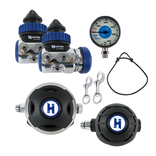 Halcyon H50D double cylinder regulator system isolated on white background
