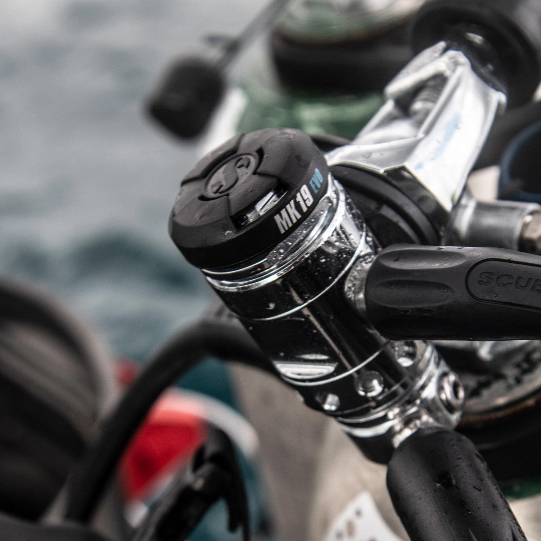 Scubapro MK19 EVO A700 regulator mounted on technical diving equipment
