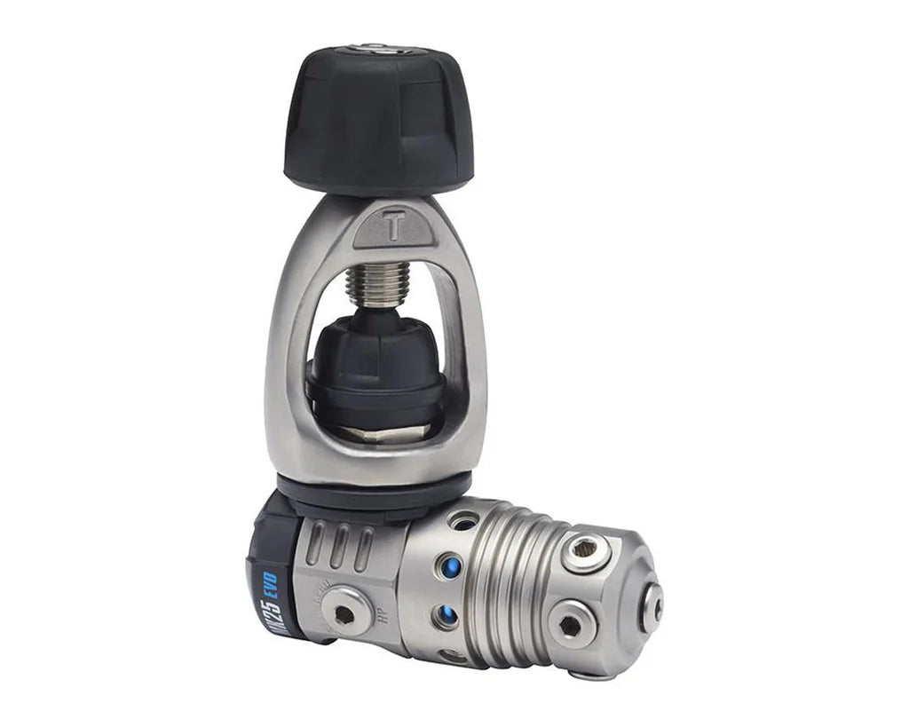 Scubapro MK25T EVO yoke first stage regulator isolated on white background
