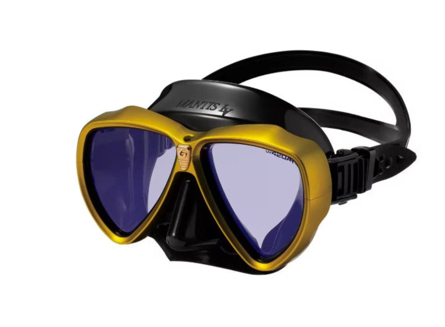 Diving mask with yellow frame and black strap on a white background