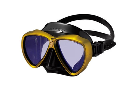 Diving mask with yellow frame and black strap on a white background