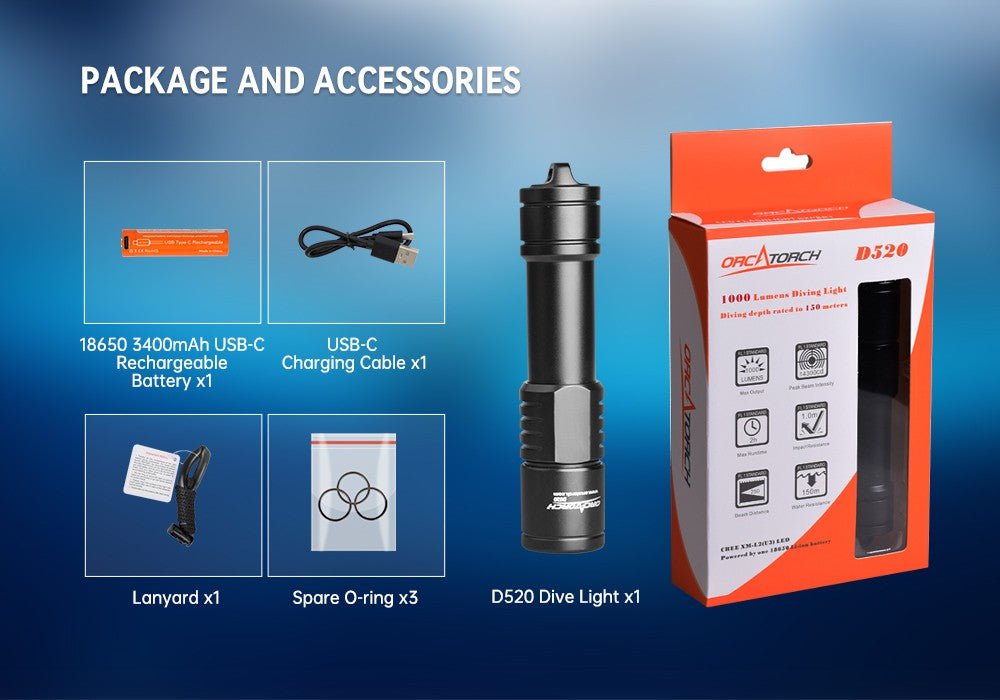 OrcaTorch D520 Underwater Dive Torch - 1000 Lumens - Infinity DiveOrcaTorch D520 Underwater Dive Torch - 1000 LumensOrcatorch