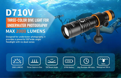 Orcatorch D710V Underwater Video Light / Dive Torch - 2000 Lumens - Infinity DiveOrcatorch D710V Underwater Video Light / Dive Torch - 2000 LumensOrcatorch