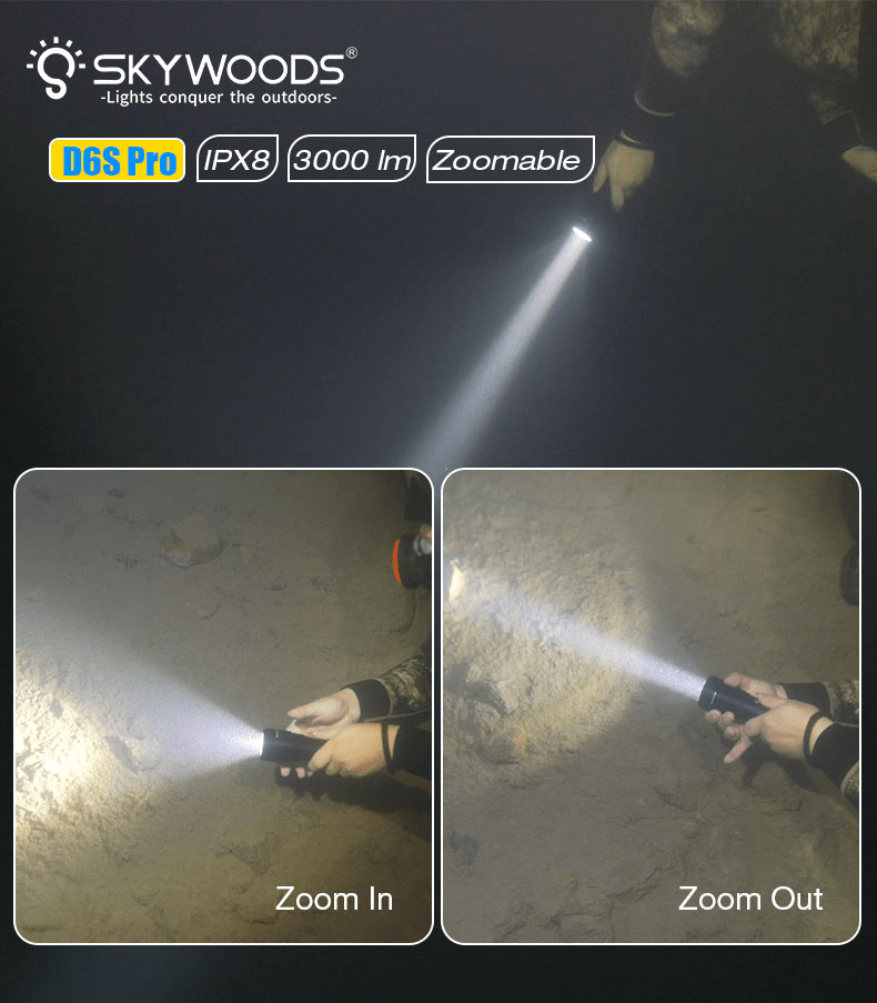 Skywoods D6S Pro USB Charge Dive Torch - 3000 Lumens - Infinity DiveSkywoods D6S Pro USB Charge Dive Torch - 3000 LumensSkywoods