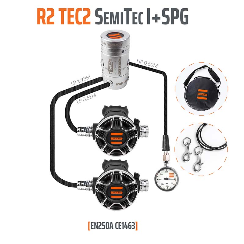 Tecline Regulator R2 Tec2 SemiTec I Set With SPG - Infinity DiveTecline Regulator R2 Tec2 SemiTec I Set With SPGTecline